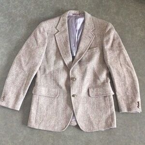 Vtg Jos A. Bank Harris Tweed Herringbone Sport Coat Blazer w/ Leather Buttons